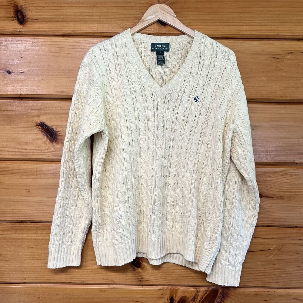 Lauren Ralph Lauren Women’s L Yellow Cotton Cable Knit Pullover Sweater Preppy